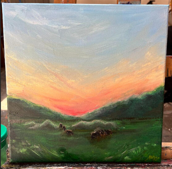 "The Farm" Oil on canvas 14"x14"