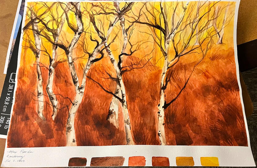Birch trees landscape watercolor painting